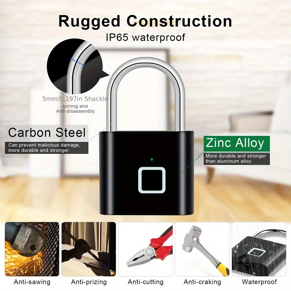 Smart Fingerprint Padlock Waterproof Biometric Fingerprint Keyless Door Lock USB Rechargeable Security Padlock for House Unlock