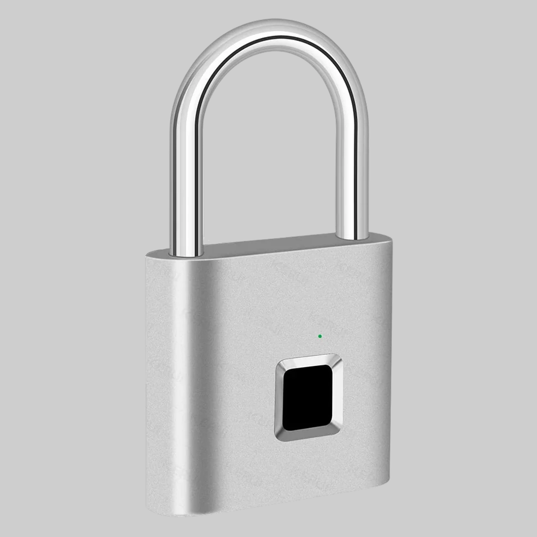 Silver smart fingerprint padlock on white background