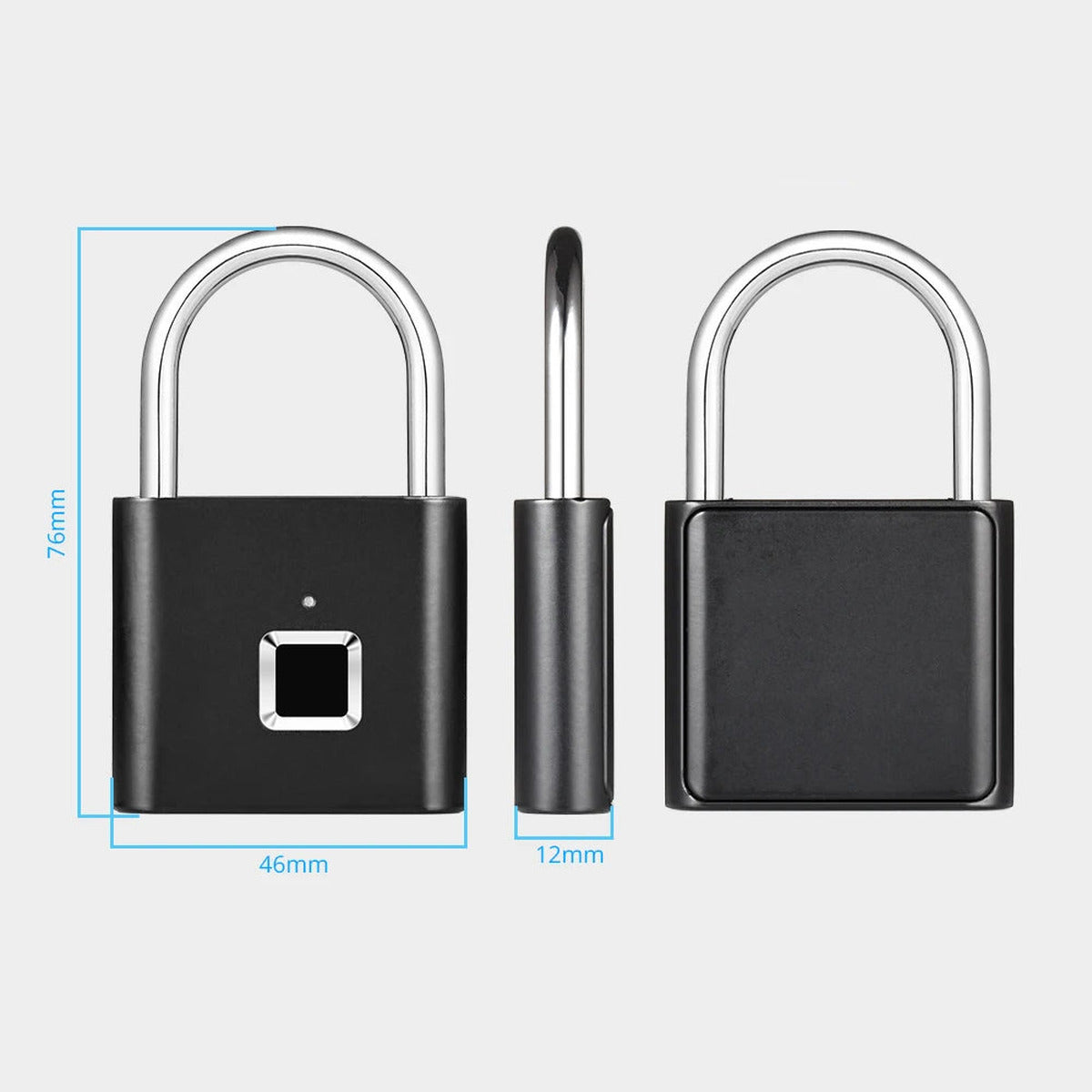 Smart fingerprint padlock dimensions: 76 mm tall, 46 mm wide, 12 mm thick