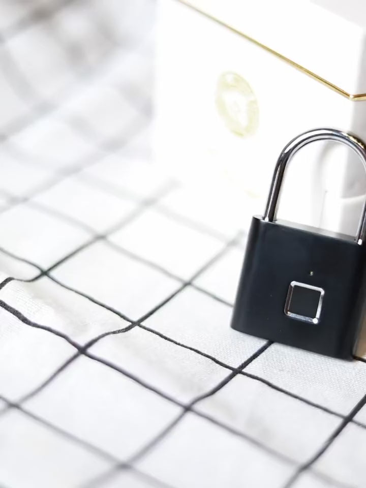Smart fingerprint padlock in hand — black and silver, showing the fingerprint sensor and steel shackle